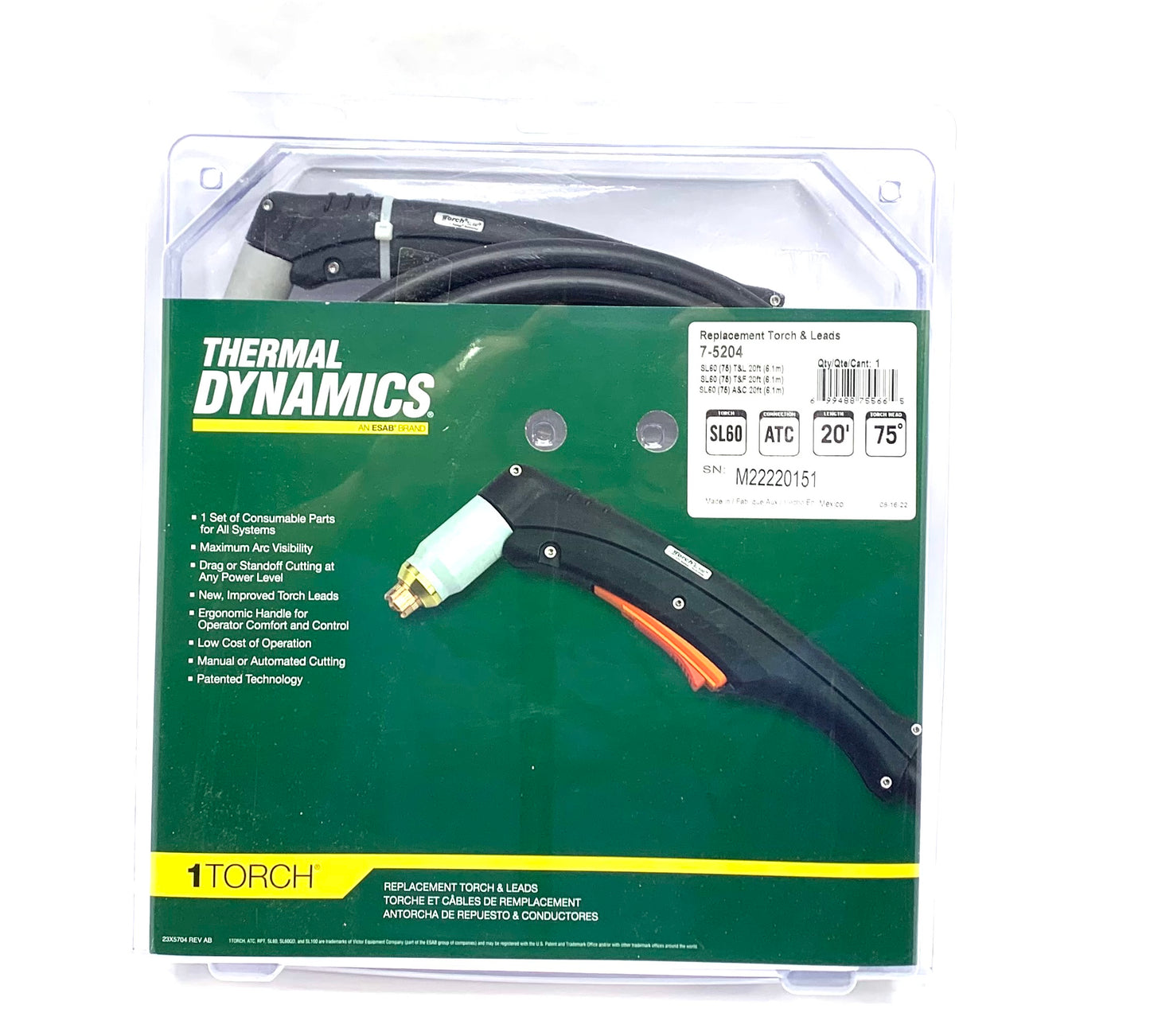 Thermal Dynamics 1Torch SL60 Plasma Torch Handheld 20 ft 75° Head with ATC Connector for Cutmaster Plasma Cutters 7-5204