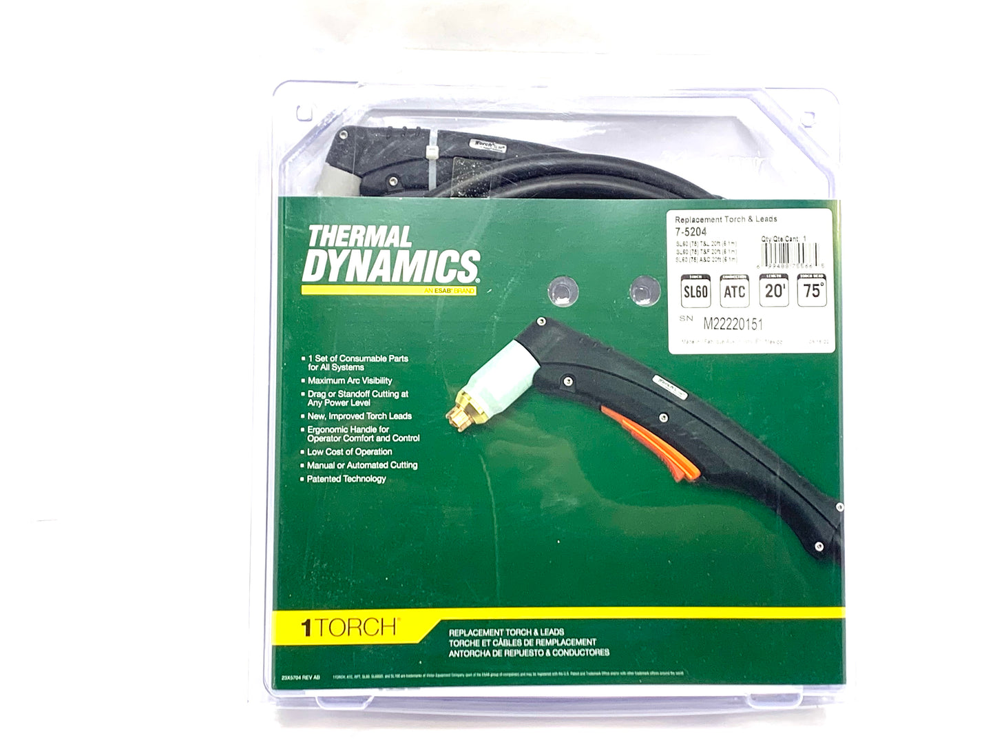 Thermal Dynamics 1Torch SL60 Plasma Torch Handheld 20 ft 75° Head with ATC Connector for Cutmaster Plasma Cutters 7-5204